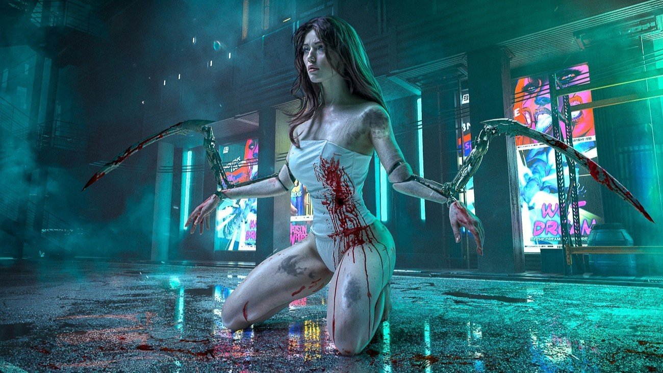 Косплей по Cyberpunk 2077 от Лады Люмос в нижнем белье и с клинками богомола