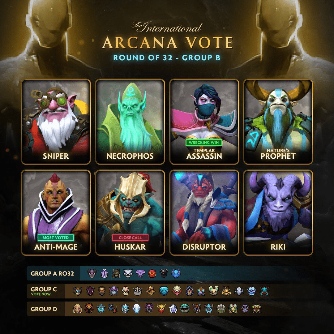 Стали известны 8 героев из группы B которые прошли в третий этап голосования за аркану в Dota 2