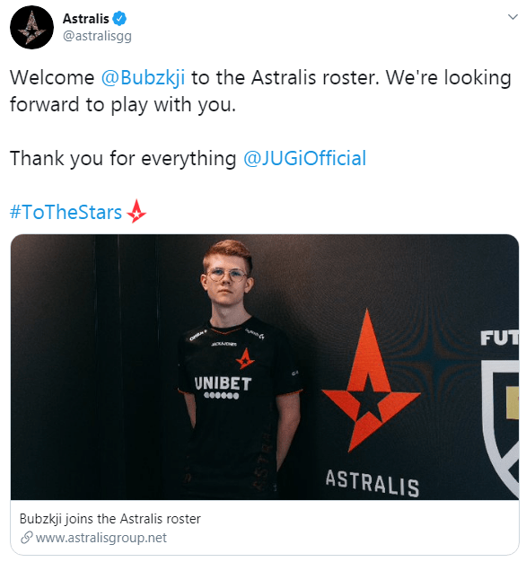 Bubzkji заменил JUGI в составе Astralis в команде попрежнему 7 игроков