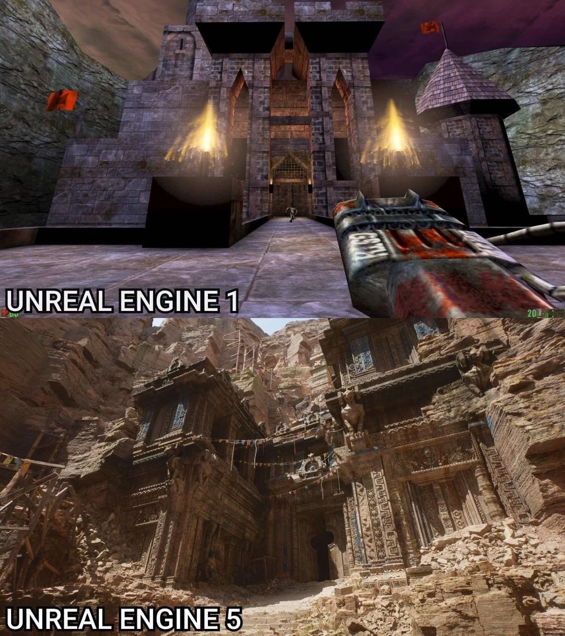 22 года эволюции в одной картинке сравнение графики Unreal Engine 1 с Unreal Engine 5