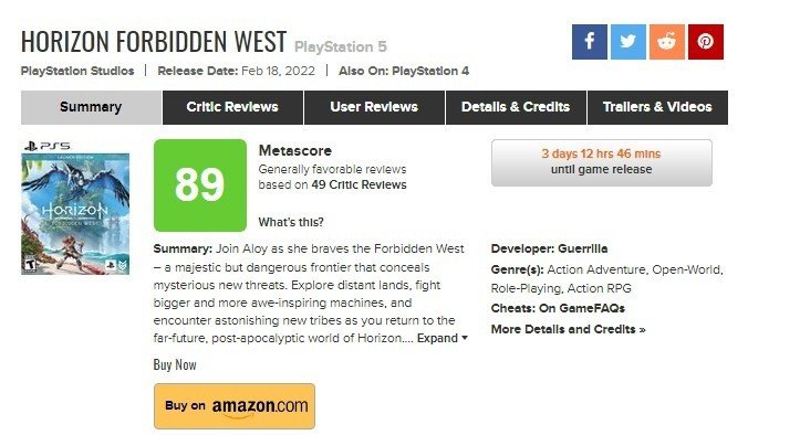 Появились первые оценки Horizon Forbidden West на Metacritic лучше чем оригинал