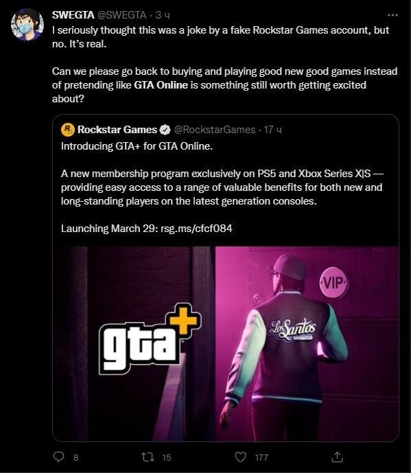 Я всерьез думал, что это была шутка от фейкового аккаунта Rockstar Games, но нет. Это правда. Можно мы, пожалуйста, снова будем покупать и играть в хорошие новые игры, вместо того чтобы притворяться будто GTA Online до сих пор стоит внимания.