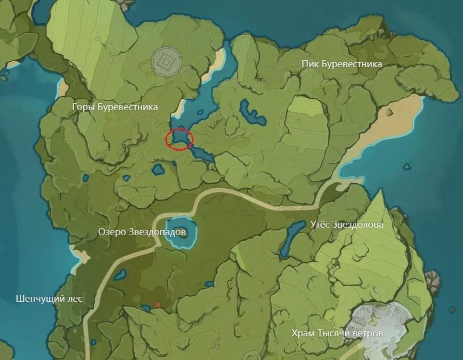 карта Геншин Импакт с отметкой мест ловли Золотого лжедракона