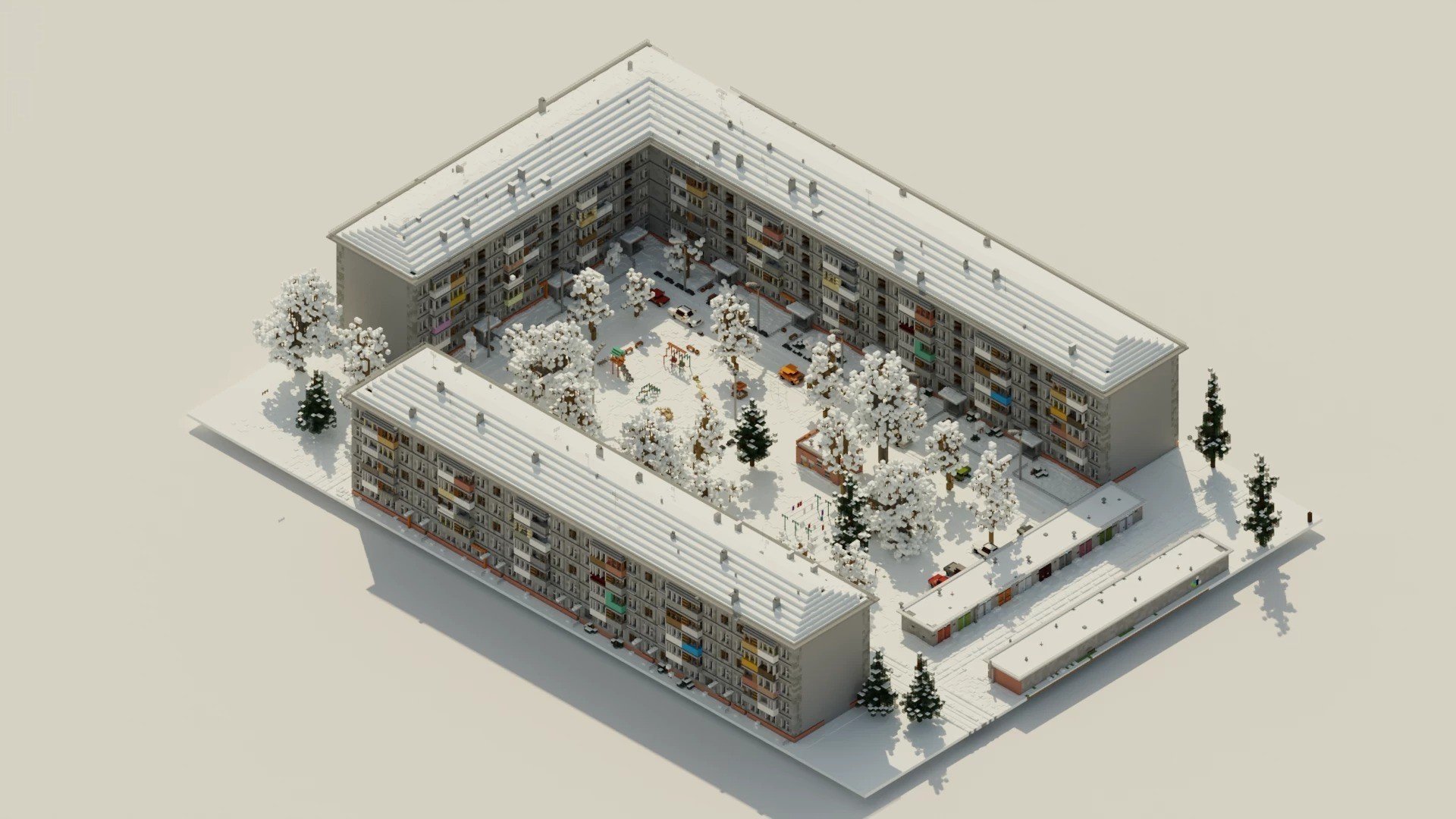 Зимний российский дворик построили в Minecraft выглядит лампово