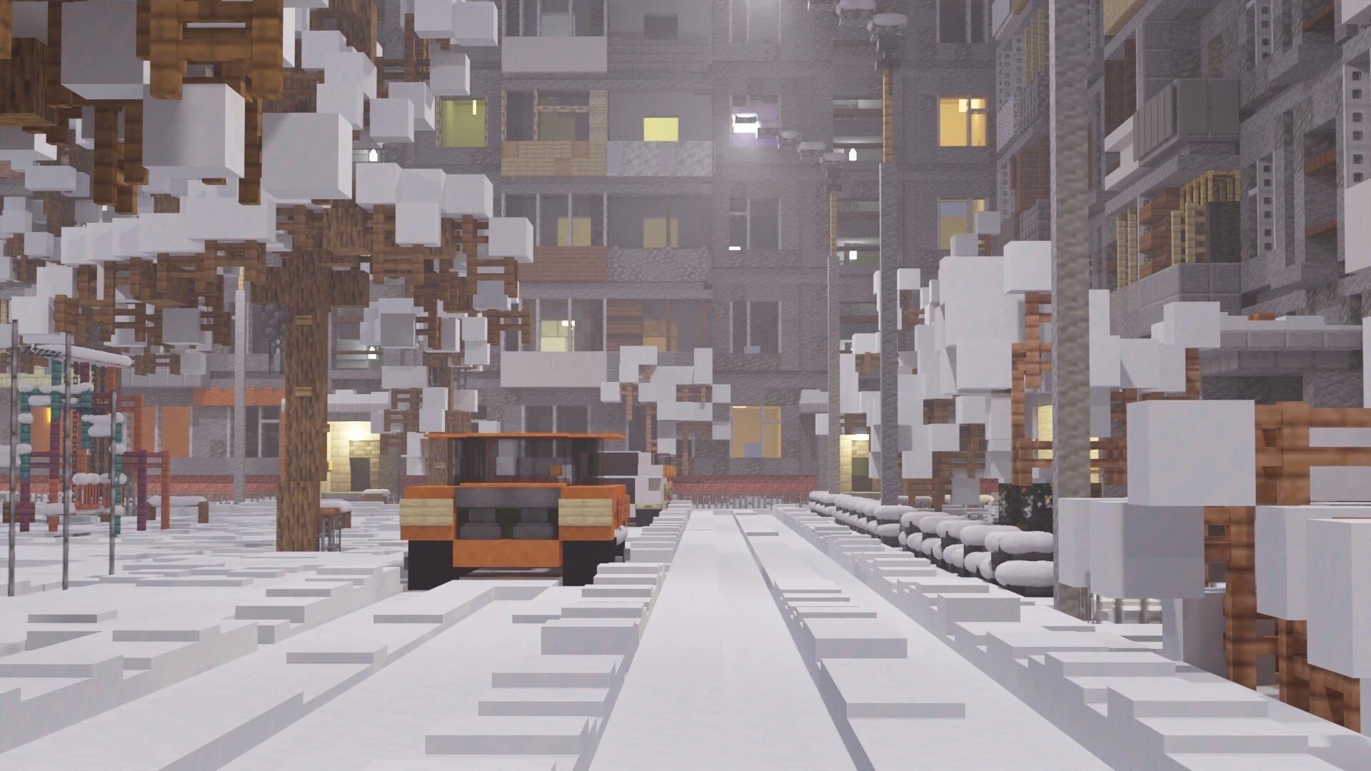 Зимний российский дворик построили в Minecraft выглядит лампово
