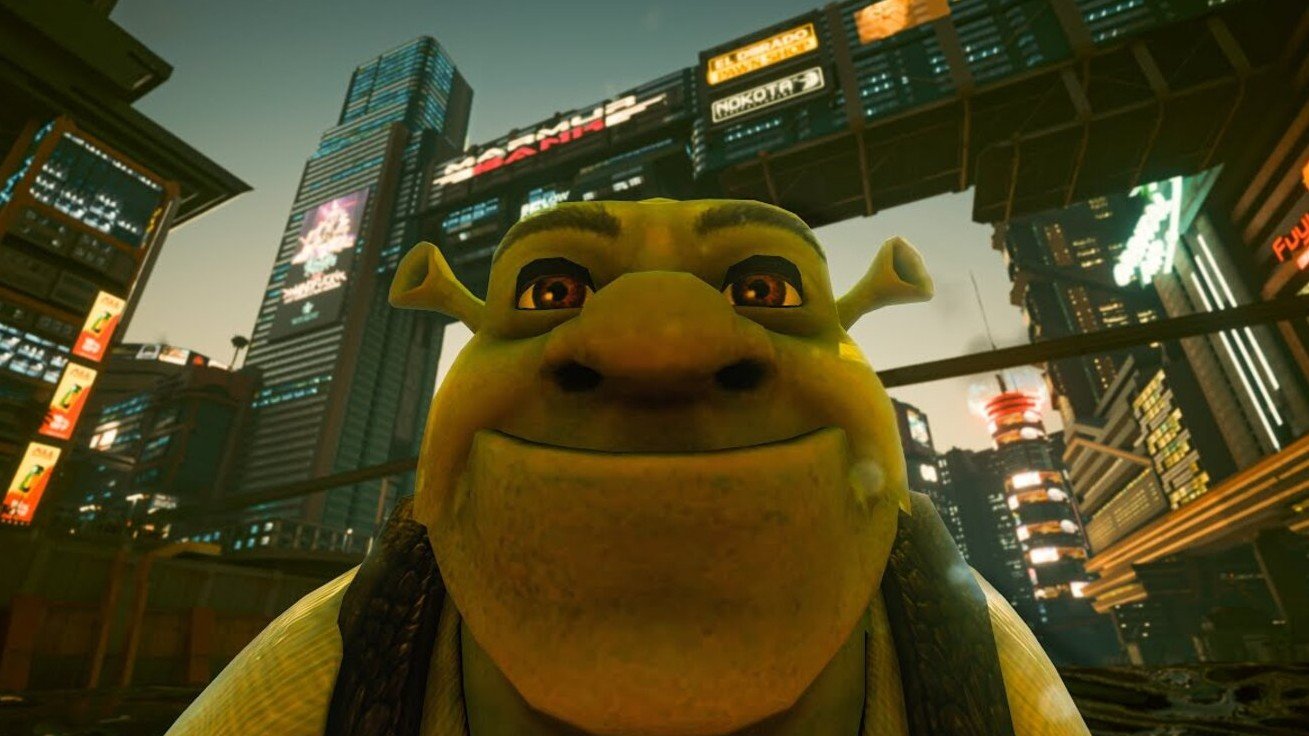 Фанат добавил в Cyberpunk 2077 полный фильм Шрек 2 чтобы смотреть его на свидании