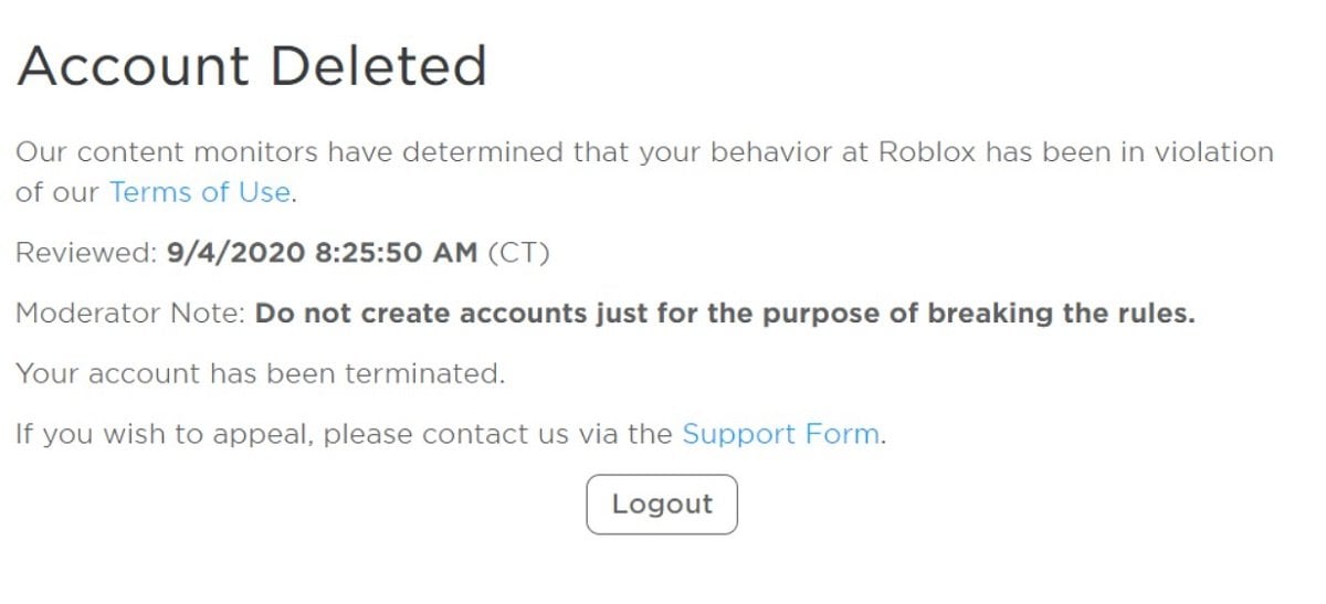 Источник: roblox.fandom.com / Удаление аккаунта Roblox за нарушение правил площадки