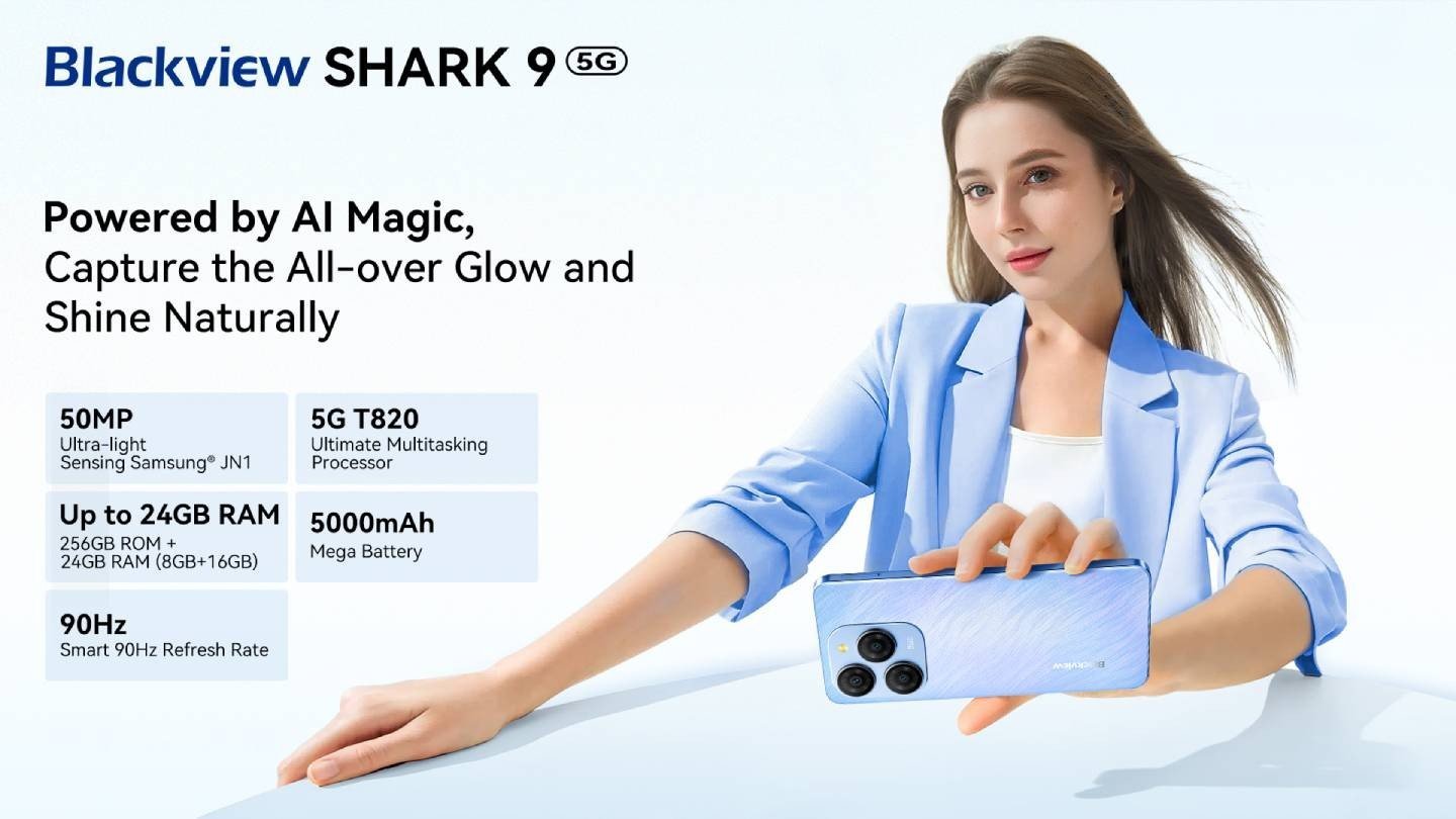 Blackview выпустила стильный смартфон SHARK 9 5G с ИИкамерой и смартчасы W50 Pro