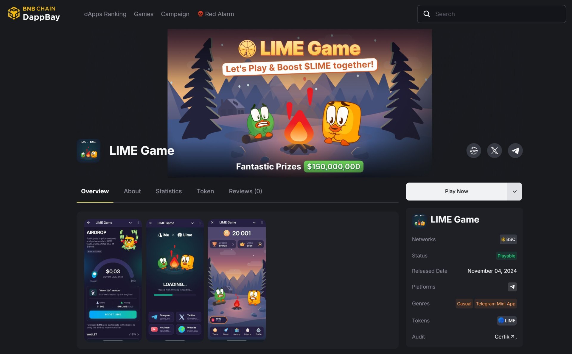 Страница LIME Game на BNB Chain (DappBay)