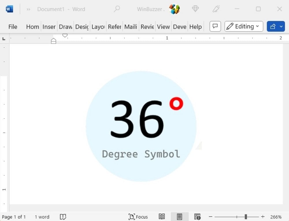 Источник: WinBuzzer / Символ градуса в MS Office Word