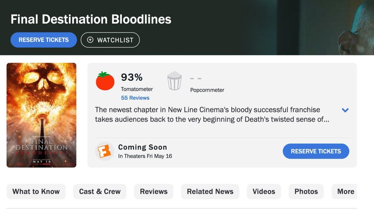 Рейтинг&nbsp;«Пункта назначения: Кровные узы» на Rotten Tomatoes