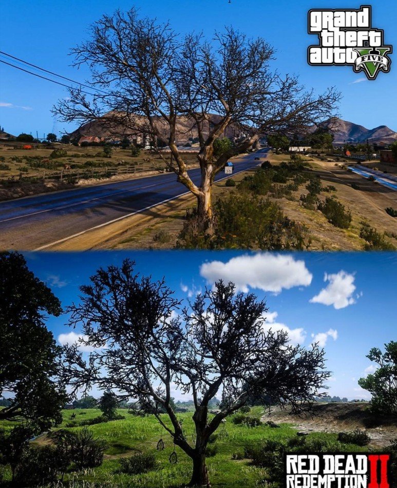 Одна и та же моделька дерева в GTA 5 и RDR2